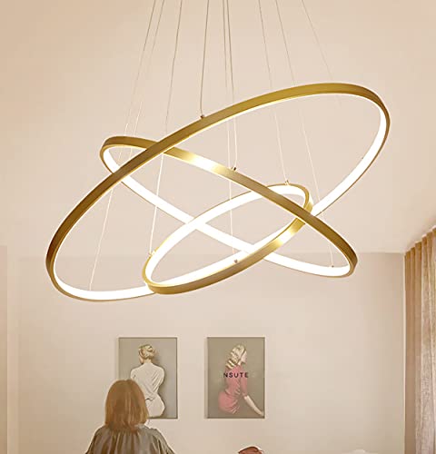 ANZHUANG LED Pendelleuchte Wohnzimmerlamp Höhenverstellbar Kronleuchter Dimmbar mit Fernbedienung Hängeleuchte Esstisch Pendellampe Metall ring Acryl Deckenleuchte Esszimmer Hängelampe,Gold,115W von ANZHUANG