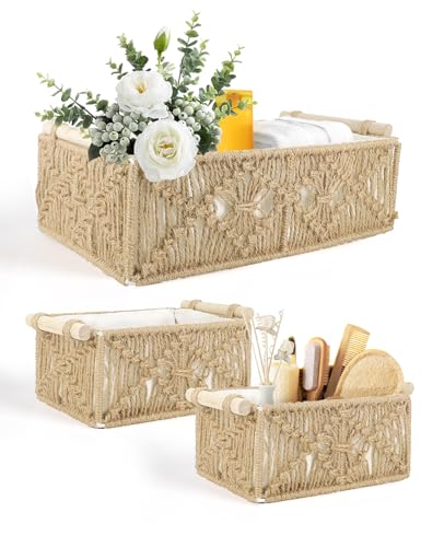 ANZOME 3er-Set Makramee Aufbewahrungskörbe, handgemachte Korb Badezimmer Aufbewahrung mit Griff, Regal Schrank Organizer Boho Dekor für das Badezimmer Schlafzimmer Wohnzimmer, Braun ANZOME 3er-Set Makramee Aufbewahrungskörbe, handgemachte Korb Badezimmer Aufbewahrung mit Griff, Regal Schrank Organizer Boho Dekor für das Badezimmer Schlafzimmer Wohnzimmer, Braun von ANZOME