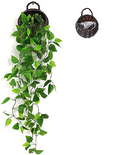ANZOME Kunstpflanze Hängend Künstliche Pflanzen mit Holzkorb, Hängepflanze Künstlich Efeu Künstlich 107cm für Büro, Küche, Garten, Party Wanddekoration (Efeu) von ANZOME