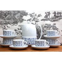 Kaffeeservice Für 6 Person Weiß-Blau Porzellan Made in Brazil Strohblumen Muster Indisch Blau Strohmuster Vintage Kaffeegedecke 13 Teile von ANadelchen