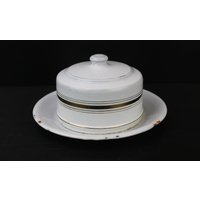 Antike Weiße Gold Line Butterdose Aus Emaille von MastorasAntiques