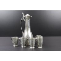 Jugendstil Zinnlikör Set 6 Becher Mit Karaffe & Kanne von MastorasAntiques