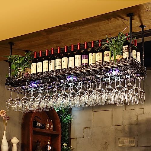 ANram Weinregal zur Wandmontage – Decken-Weinregale, Dekorationsregal mit Licht, an der Decke hängender Weinflaschenhalter, Weinglasregal für Küche, Bar, Dekor, Organizer von ANram