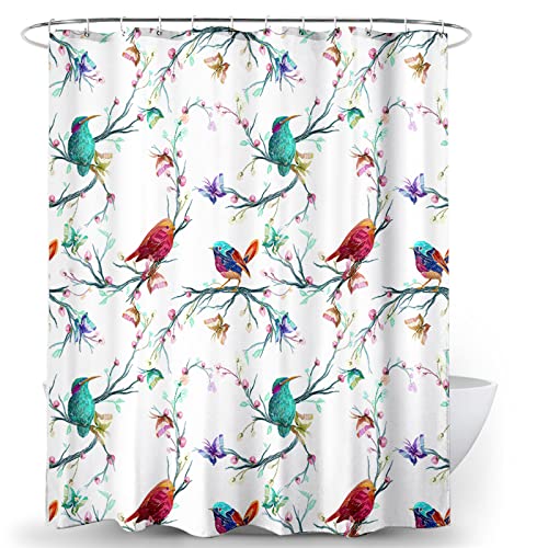 Ao blare Vogel-Duschvorhang, Aquarell-Elemente, Blume, Vögel, Äste, Blumen, Schmetterling, Polyester, Duschvorhang-Set mit Haken, 183 x 183 cm von AO BLARE