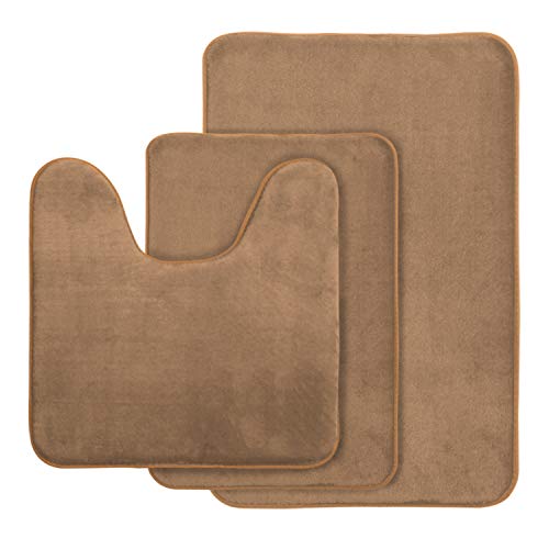 AOACreations Badvorleger aus Memory-Schaum, 3-teiliges Set, weicher Plüsch, saugfähig, niedriger Flor, inkl. 1 großen 50,8 x 81,3 cm, 1 Konturen 50,8 x 50,8 cm, 1 kleinen 40,6 x 61 cm (hellbraun) von AOACreations