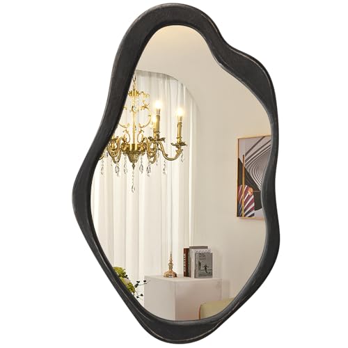AOAOPQ Unregelmäßiger Spiegel in voller Länge 70 x 100 cm sparen asymmetrischer Holzrahmen für Schlafzimmer Wohnzimmer Bodenkörper mit Ständer Große schwarze Spiegel stehend oder hängend horizontal von AOAOPQ