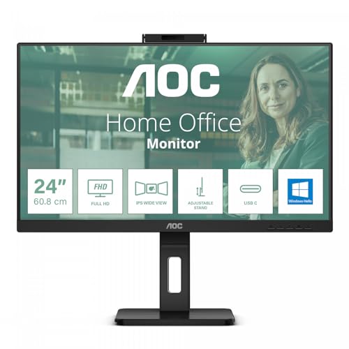 AOC 24P3CW - 24 Zoll Full HD Monitor, 5 MP Webcam, höhenverstellbar, Lautsprecher (1920x1080, 75 Hz, HDMI, DisplayPort (in/out), USB-C (65W PD), RJ45, USB Hub) schwarz von AOC