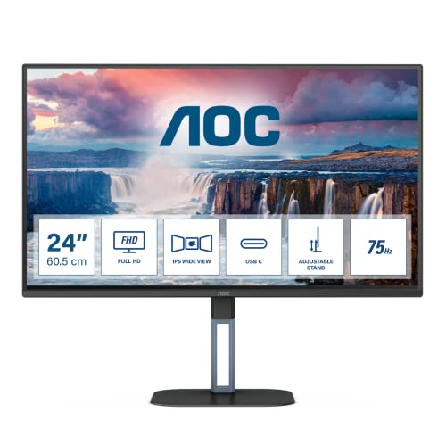 AOC 24V5C - 24 Zoll FHD Monitor, Lautsprecher, höhenverstellbar (1920x1080, 75 Hz, HDMI, DisplayPort, USB-C, USB Hub) schwarz von AOC