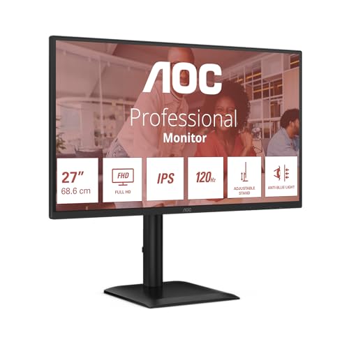 AOC 27E4U 24 Zoll FHD Monitor, 120Hz, IPS, 1ms MPRT, Adaptive Sync, HDR-Modus, Höhenverstellung (1920x1080,HDMI 1x 1.4,DP 1x 1.2, USB-Hub) Schwarz von AOC