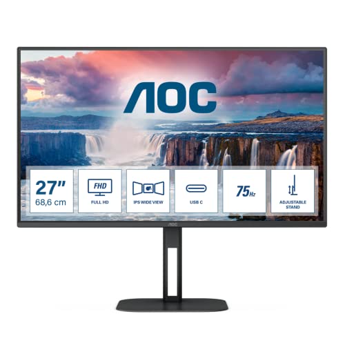 AOC 27V5C - 27 Zoll FHD Monitor, Lautsprecher, höhenverstellbar (1920x1080, 75 Hz, HDMI, DisplayPort, USB-C, USB Hub) schwarz von AOC