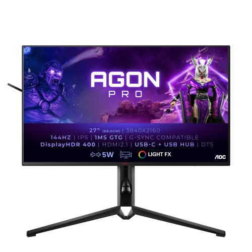 AOC Agon Pro AG274UXP - 27 Zoll UHD Gaming Monitor, 144 Hz, 1 ms, FreeSync, G-Sync Compatible, HDR600 (3840x2160, HDMI 2.1, DisplayPort, USB-C, USB Hub) schwarz von AOC