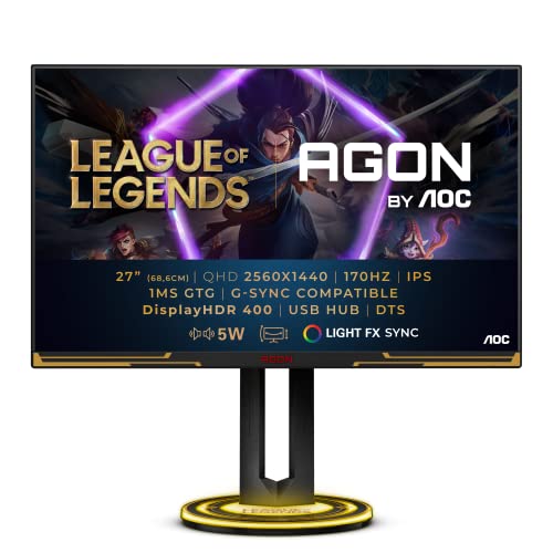 AOC Agon Pro AG275QXL - 27 Zoll QHD Gaming Monitor, 170 Hz, 1 ms, FreeSync, G-Sync Compatible, HDR400 (2560x1440, HDMI, DisplayPort, USB Hub) schwarz/gold von AOC