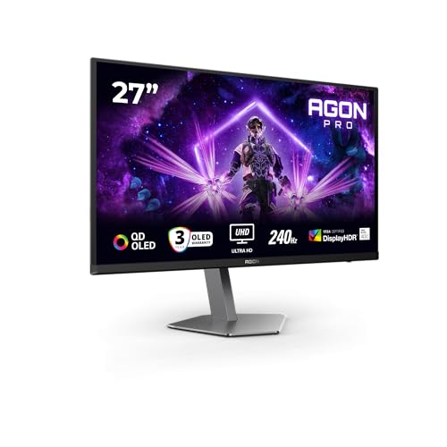 AOC Agon Pro AG276UZD - 27 Zoll UHD OLED Gaming-Monitor, 240 Hz, 0,03 ms, FreeSync Prem. Pro, G-Sync komp., Höhenverstellung, HDR400 (3840x2160, 2X HDMI 2.1, DisplayPort 2.1, USB-C, USB-Hub) schwarz von AOC