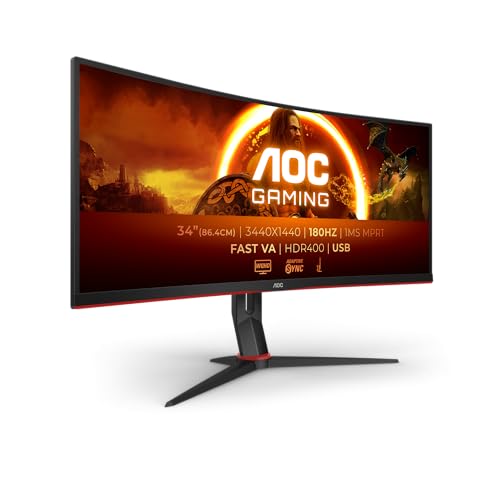 AOC Gaming CU34G2XPD – 34-Zoll-WQHD-Curved-Monitor, 180 Hz, schnelle VA, 1 ms GTG, FreeSync Premium, HDR400, höhenverstellbarer Standfuß (3440 x 1440, HDMI, DisplayPort, USB-Hub) von AOC