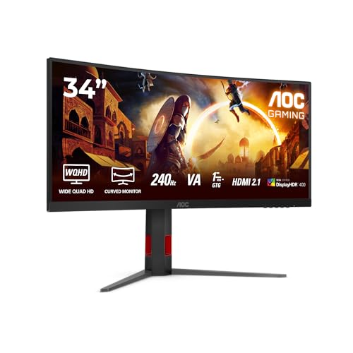 AOC Gaming CU34G4Z - 34 Zoll WQHD Curved Monitor, 240 Hz, FreeSync Prem., HDR400 (3440x1440, 1ms GtG, 2X HDMI 2.1, 1x DisplayPort 1.4, USB Hub) schwarz-rot von AOC