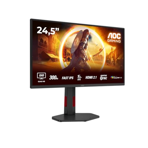 AOC Gaming Q25G4SR - 255 Zoll Quad HD Monitor, 300 Hz, 1 ms, FreeSync. Prem., G-Sync comp., HDR400 (2560x1440, 2X HDMI 2.1, DisplayPort 1.4) schwarz-rot von AOC