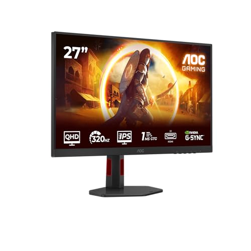 AOC Q27G4SRU 27 Zoll WQHD Monitor 320Hz, Fast IPS Panel, 1ms GtG, Adaptive Sync, HDR400, FreeSync Prem., G-Sync Comp., Höhenverstellung, Lautsprecher, (2560x1440 HDMI 2X 2.1 DP USB Hub) Schwarz/Rot von AOC