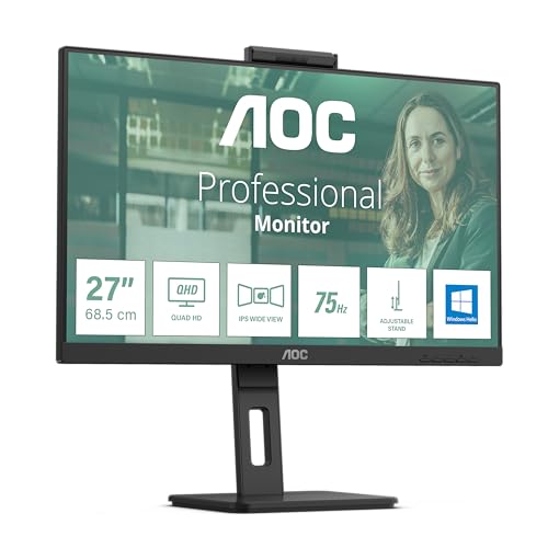 AOC Q27P3CW - 27 Zoll QHD Monitor, 2 MP Webcam, höhenverstellbar, Lautsprecher (2560x1440, 75 Hz, HDMI, DisplayPort (in/Out), USB-C (65W PD), RJ45, USB Hub) schwarz von AOC