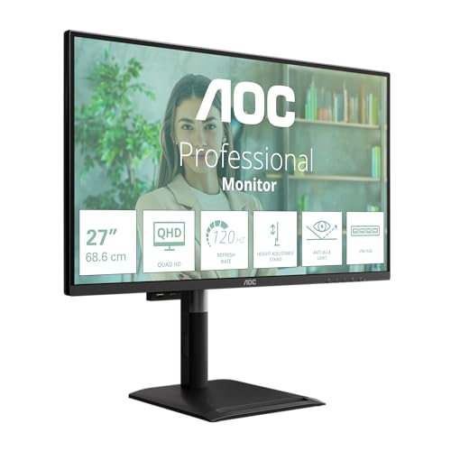 AOC Q27P4U 27 Zoll WQHD Gaming Monitor 120Hz, IPS Panel, 4ms GtG, Adaptive Sync, HDR Modus, Höhenverstellung, Lautsprecher, (2560x1440 HDMI 2X 2.0 DP USB Hub) Schwarz von AOC