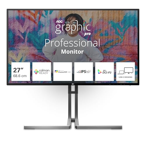 AOC U27U3CV Graphic Pro - 27 Zoll UHD Nano IPS Monitor, höhenverstellbar, Lautsprecher, HDR400 (3840x2160, 60 Hz, 4K, 2X HDMI, DisplayPort, USB-C (96W PD), USB Hub) schwarz von AOC