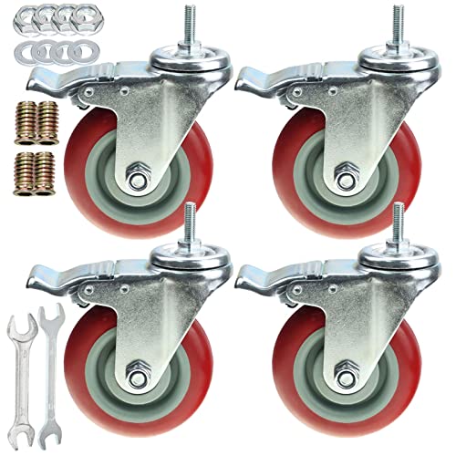 Robuste Lenkrollen mit doppeltem Kugellager, PU-Rollen ohne Lärm, Lenkrollen M8–1,25 x 25 mm, 4 Packungen mit Doppelverriegelung (10,2 cm) von AOCHENLY