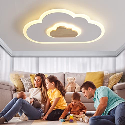 AOEH LED Deckenleuchte Schlafzimmer Kinderzimmerlampe Deckenlampe Deckenleuchte für Kinder Wolken deckenleuchte Holz Stufenloses Dimmen mit Fernbedienung Mit Nachtlichtfunktion,60cm von AOEH