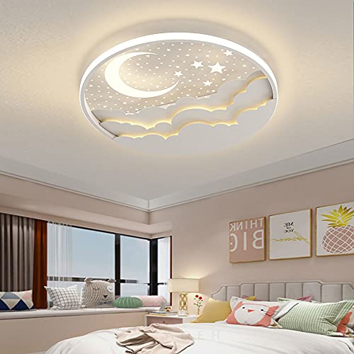 LED Kinder Deckenlampe Stern Mond Deckenleuchte Für Kinder Acryl Lampenschirm Stufenloses Dimmen mit Fernbedienung Ultradünn 6Cm Schlafzimmer Decke Kindergarten Beleuchtung-D40cm,40W,Weiß von AOEH