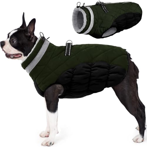 AOFITEE Hundejacke Kleine Hunde, Wasserdicht Hunde Wintermantel Warm Hundemantel mit Geschirr, Rollkragen Hunde Winterjacke Fleece Reflektierende Hundejacke Outdoor Hundebekleidung,S Dunkelgrün von AOFITEE