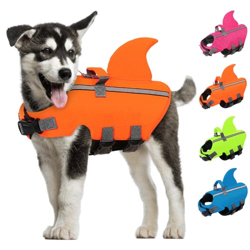 AOFITEE Schwimmweste Hund Hai, Verstellbar Hunde Schwimmweste L Hundeschwimmweste mit Griff, Reflektierende Hohe Flotation Schwimmweste Rettungsweste für Mittelgroße Hunde von AOFITEE
