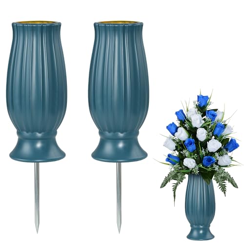 Friedhof Grabvase für frische/künstliche Blumen, Gedenkblumen Halter mit langem Spike Stake für Grabstein Grab Friedhof Dekorationen(Blau 2-teilig) von AOFOX