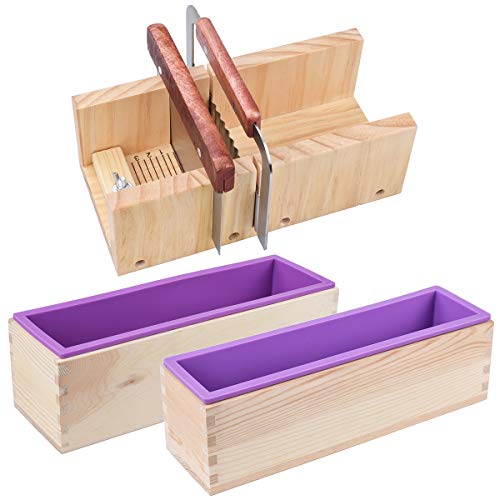 Holzseifenlaibform und Seifenschneider-Set - 2 Stück Rechteck Silikonform unterschiedlicher Größe mit Holzkiste und 1 Stück Edelstahl-Geradschneider und 1 Stück Wellenschneider von AOFOX