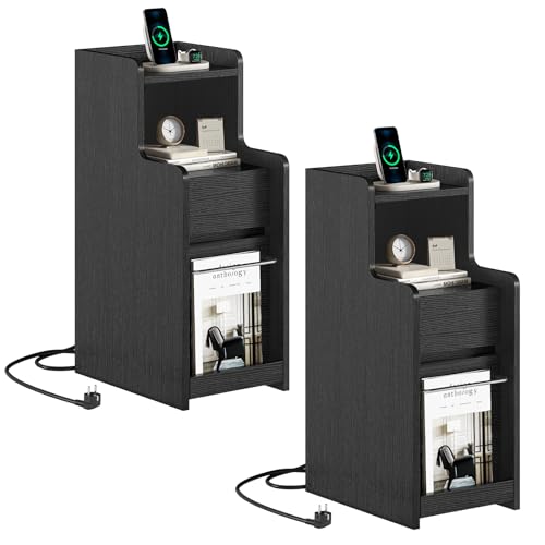 2er Set Nachtschrank Schmal mit Ladefunktion Beistelltisch mit 2 Schubladen, Couchtisch, Nachtkommode mit Steckdosen, Nachtkästchen, Modern, für Schlafzimmer Wohnzimmer Arbeitszimmer (2, Schwarz) von AOGLLATI
