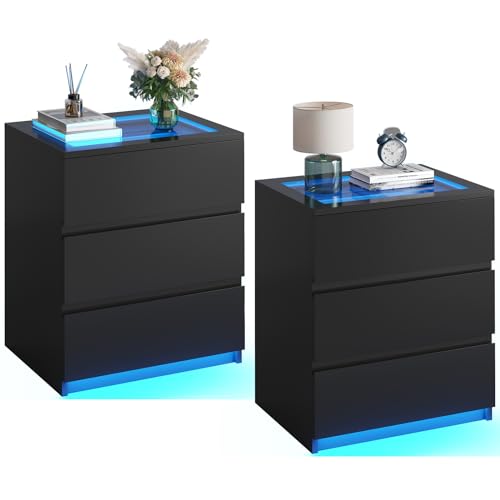 AOGLLATI 2er Set Nachttisch mit LED-Beleuchtung, Beistelltisch mit 3 Schubladen, Holz Nachtschrank für Schlafzimmer, Wohnzimmer, Arbeitszimmer, Schwarz AOGLLATI 2er Set Nachttisch mit LED-Beleuchtung, Beistelltisch mit 3 Schubladen, Holz Nachtschrank für Schlafzimmer, Wohnzimmer, Arbeitszimmer, Schwarz von AOGLLATI
