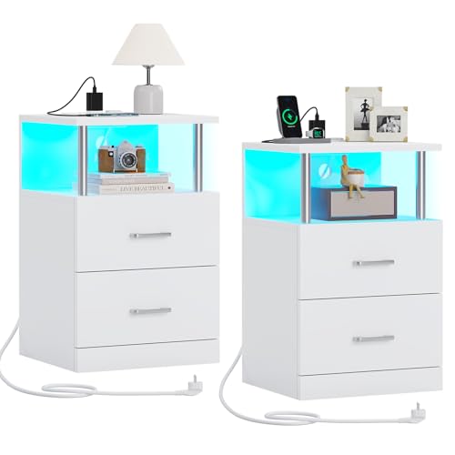 AOGLLATI 2er Set Nachttisch mit Ladestation und LED-Beleuchtung, Nachtschrank mit offenem Fach, 2 Schubladen, 2 AC-Steckdosen, 2 USB-Anschlüsse, Moderner Beistelltisch für Schlafzimmer(Silber weiß) von AOGLLATI