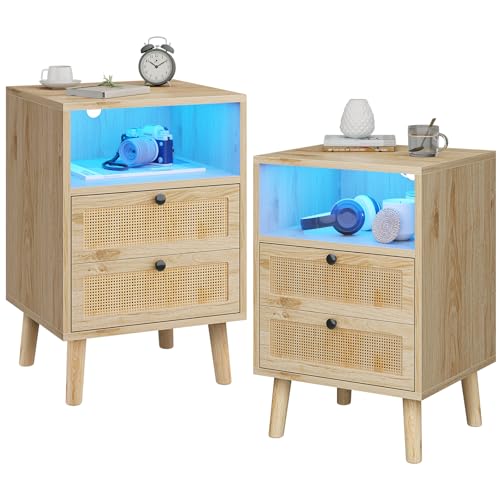 AOGLLATI 2er Set Rattan Nachttisch mit LED-Leuchten, Holz Nachttisch, Beistelltisch mit 2 handgefertigten Rattan-verzierten Schubladen und offenem Stauraum für Schlafzimmer-Ohne Steckdosen von AOGLLATI