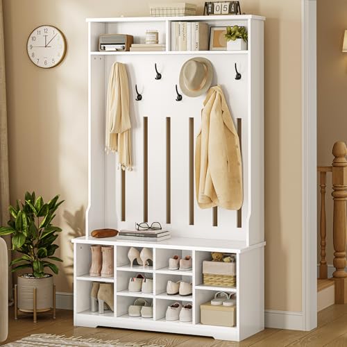 AOGLLATI Garderobenständer mit Schuhbank,Garderoben-Set mit 8 Doppelhaken & Offenem Stauraum, Flurgarderobe Set Kompaktgarderobe mit Schuhschrank für Eingangsbereich Schlafzimmer Wohnzimmer(Weiß) von AOGLLATI