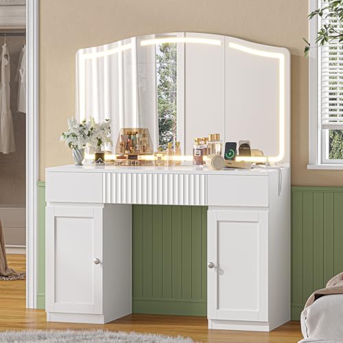 AOGLLATI Großer Schminktisch mit Großem Spiegel und Verstellbarer LED-Beleuchtung Schminktisch mit Steckdosen Kosmetiktisch mit 3 Schubladen und 2 Schränken Modern Frisiertisch für Schlafzimmer(Weiß) von AOGLLATI