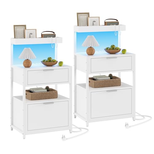 AOGLLATI Nachttisch 2er Set mit LED-Leuchte und Ladestation, Beistelltisch mit 2 Schubladen, 3 offene Fächer, Nachtschrank mit 2 USB-Anschlüssen und 2 Steckdosen, für Schlafzimmer, Wohnzimmer, weiß von AOGLLATI