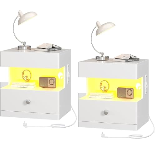 AOGLLATI Nachttisch mit Steckdose Nachtschrank mit LED-Beleuchtung Nachtkommode mit 2 Schubladen und Verstecktem Schiebeschrank,Beistelltisch für Schlafzimmer Wohnzimmer (2, Weiß, 45x35x44.5cm) von AOGLLATI