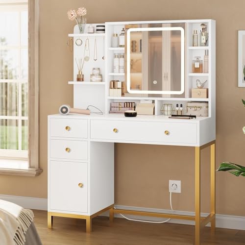 AOGLLATI Schminktisch mit Beleuchtung in 3 Farben, Weiß Schminktisch mit Spiegel und Schubladen, Frisiertisch mit Ladestation, Moderner Kosmetiktisch mit Steckdosen AOGLLATI Schminktisch mit Beleuchtung in 3 Farben, Weiß Schminktisch mit Spiegel und Schubladen, Frisiertisch mit Ladestation, Moderner Kosmetiktisch mit Steckdosen von AOGLLATI