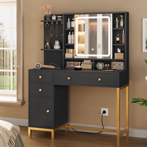 AOGLLATI Schwarz Schminktisch mit LED-Beleuchtung Schminktisch mit Spiegel Frisiertisch mit Ladestation Modern Kosmetiktisch mit Sichtbaren Schubladen 98 x 40 x 138 cm (Schwarz) von AOGLLATI