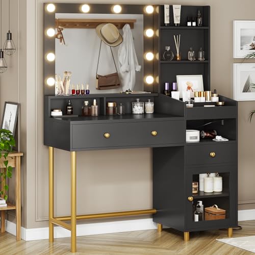 AOGLLATI Schwarz Schminktisch mit Led Spiegelleuchte Spiegel in 3 Farben, Frisiertisch mit Ladestation, Einzigartigem Trennungsdesign und Aufbewahrungsschrank, Schwarz, 96 x 40 x 142 cm von AOGLLATI