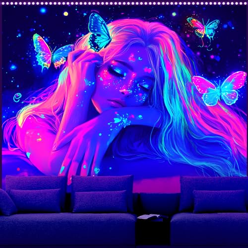 AOHMPT Anime Girl, cooler und sexy Mädchen-Schwarzlicht-Wandteppich, UV-reaktiv, leuchtende Wandkunst für Schlafzimmer, Spielzimmer und Neon-Partys, perfekt für Anime-Party-Dekoration, 59 x 51 cm (L x von AOHMPT