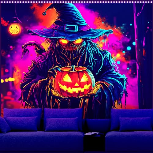 AOHMPT Halloween-Wandteppich, leuchtet im Dunkeln, UV-reagierend, Schwarzlicht, Wandbehang, Dekoration für gruselige Partys, Schlafzimmer, Wohnzimmer (Karscheuchen-Kürbis, 149,9 cm L x 129,5 cm B AOHMPT Halloween-Wandteppich, leuchtet im Dunkeln, UV-reagierend, Schwarzlicht, Wandbehang, Dekoration für gruselige Partys, Schlafzimmer, Wohnzimmer (Karscheuchen-Kürbis, 149,9 cm L x 129,5 cm B von AOHMPT