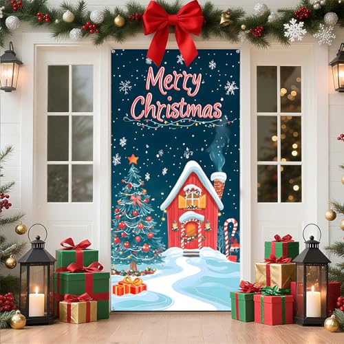 AOHMPT Weihnachtstür Abdeckung Weihnachtsmann Schneemann Weihnachtsbaum Kranz Banner Winter Urlaub Dekor für Haustür Foto Hintergrund Home Party 70.9 x 35.4 Zoll von AOHMPT