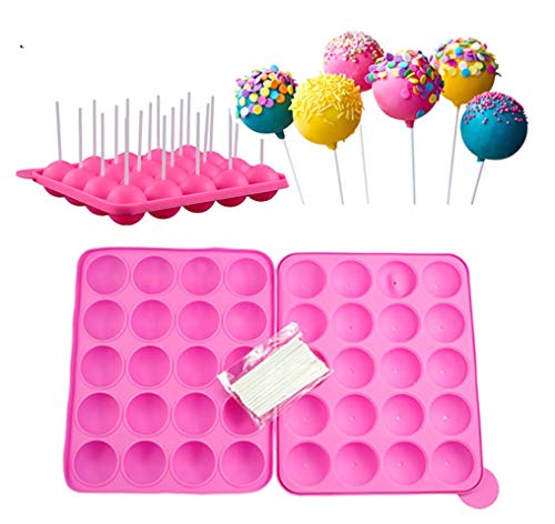 20 Hohlraum Formen Silikon Lollipop Tablett - Größe 22.5 * 18 * 3 cm Kreis Durchmesser 4 cm, hitzebeständig -40°C zu 230°C mit 20 Sticks (Rosa) von AOI