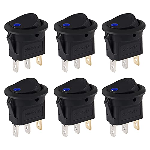 AOICRIE 6 Stück 12V Schalter, 3Pin SPST ON OFF Wippschalter, 12 Volt kleine wasserdichte LED blau beleuchtete Wippschalter für Auto LKW Boot Motorrad (6 Pcs) von AOICRIE