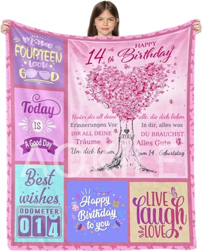 AOKILE Geschenke zum 14 Geburtstag Mädchen,Decke 14 Geburtstag,Personalisierte Decke für Tochter Frauen Freundin, Kuscheldecke Flauschige Geburtstagsgeschenk für mädchen von AOKILE