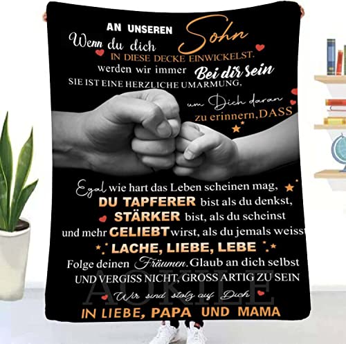 AOKILE Personalisierte Kuscheldecke An unsere Sohn von Eltern,Deutsche An Meine Sohn Decke Von Mama und Papa,Briefdecke Nachricht Luftpost Wohndecke Couch Bett Tv-Decken（Eltern zu Sohn,130×150） von AOKILE