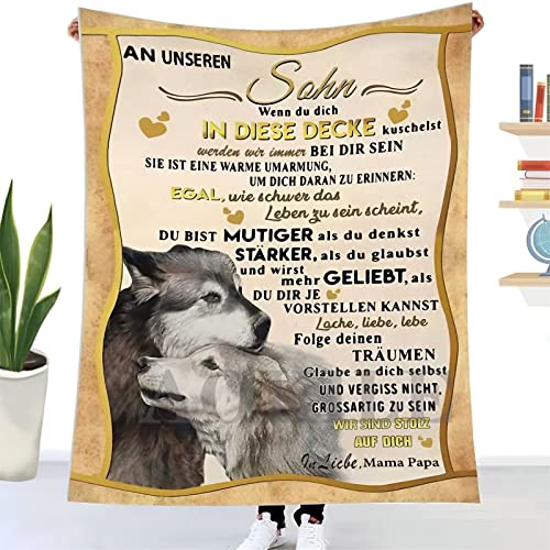 AOKILE Personalisierte Kuscheldecke An unsere Sohn von Eltern,Deutsche An Meine Sohn Decke Von Mama und Papa,Briefdecke Nachricht Luftpost Wohndecke Couch Bett Tv-Decken（Eltern zu Sohn,150×200） von AOKILE